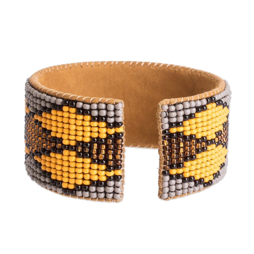 Warm Geometric Glass Beaded Cuff Bracelet with Leather - Sunny Geometry