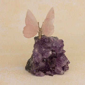 Rose Quartz Butterfly on Amethyst Nugget Figurine