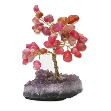 Pink Agate Gemstone Tree with an Amethyst Base - Cute Leaves