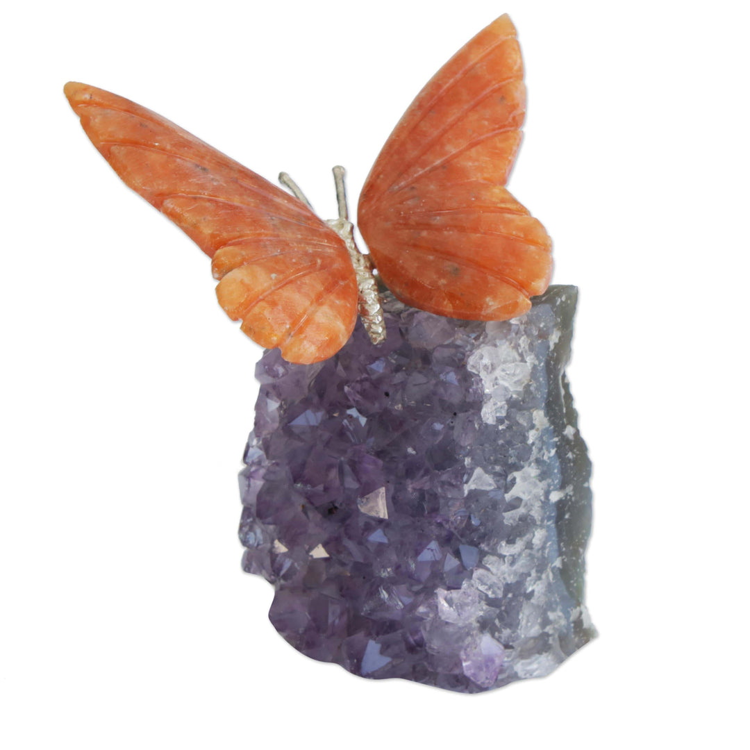 Calcite and Amethyst Butterfly Gemstone Sculpture - Orange Wings