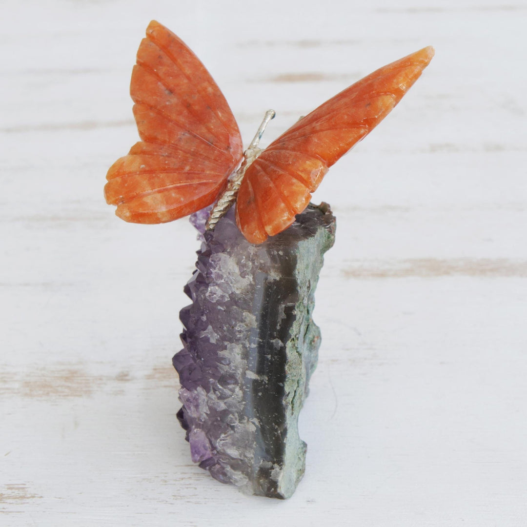 Calcite and Amethyst Butterfly Gemstone Sculpture - Orange Wings