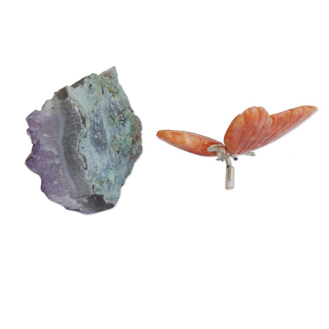 Calcite and Amethyst Butterfly Gemstone Sculpture - Orange Wings