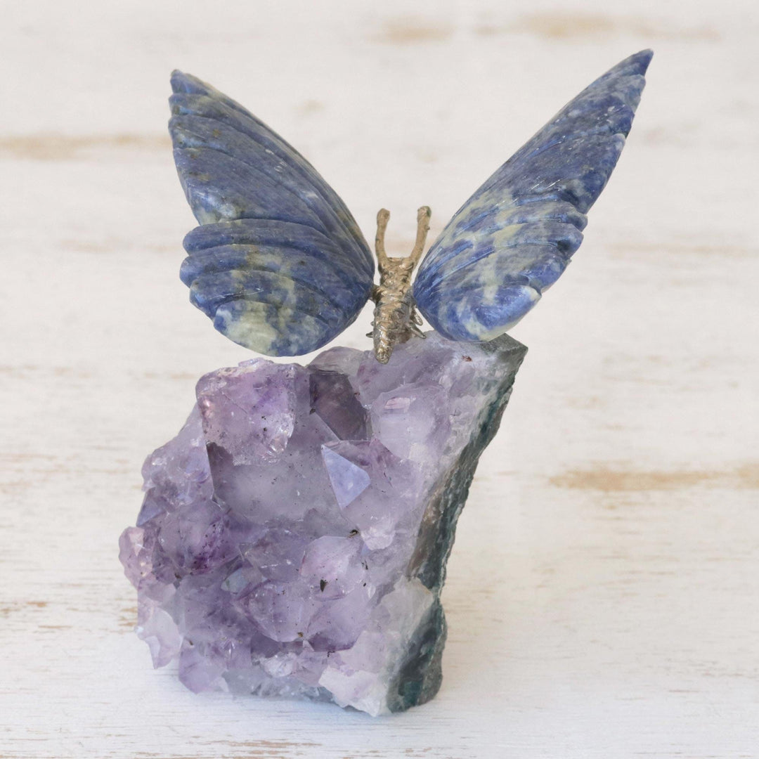 Petite Sodalite and Amethyst Morpho Butterfly Sculpture - Blue Morpho Butterfly