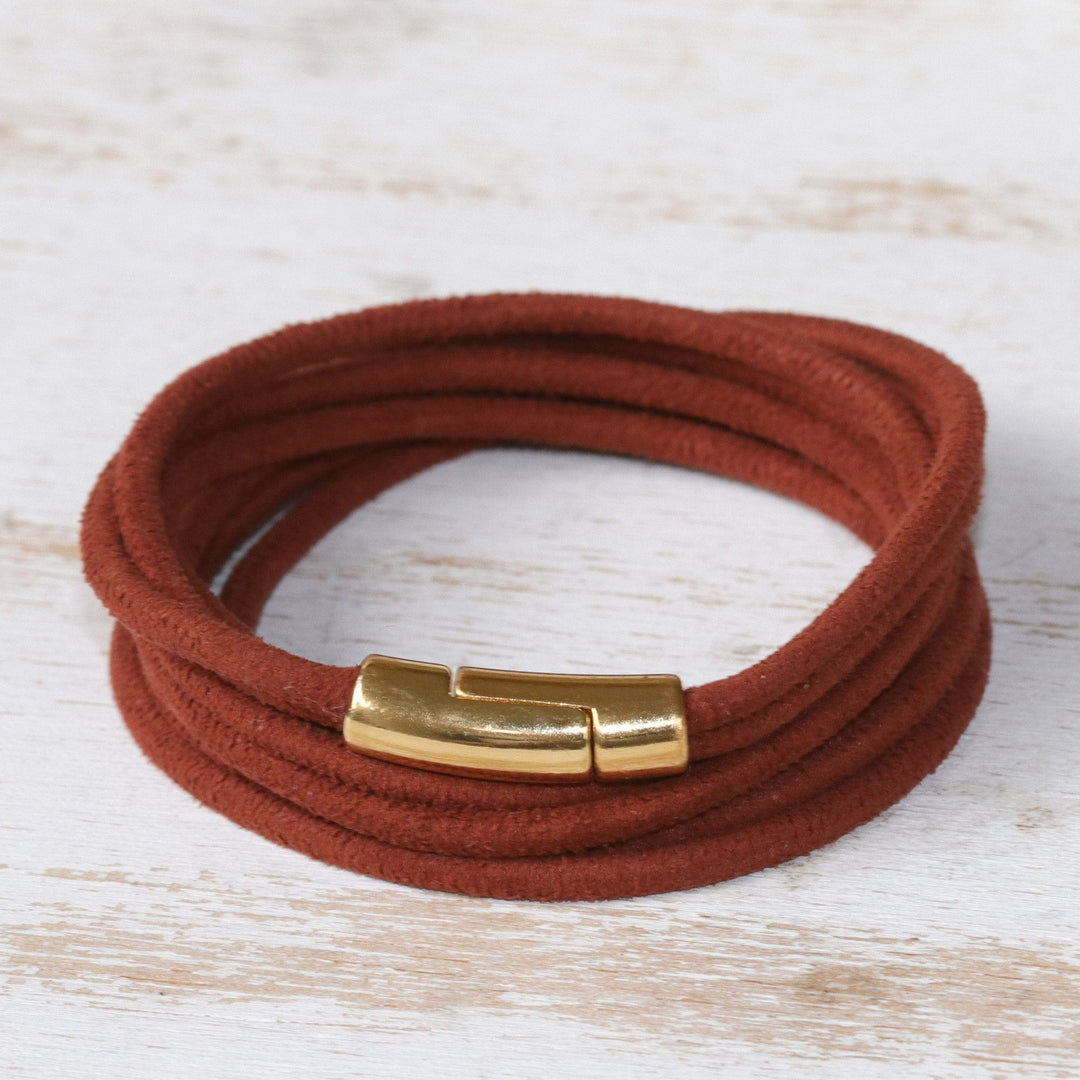 Suede Wrap Bracelet with 18k Gold-Plated Clasp Closure - Russet Chic