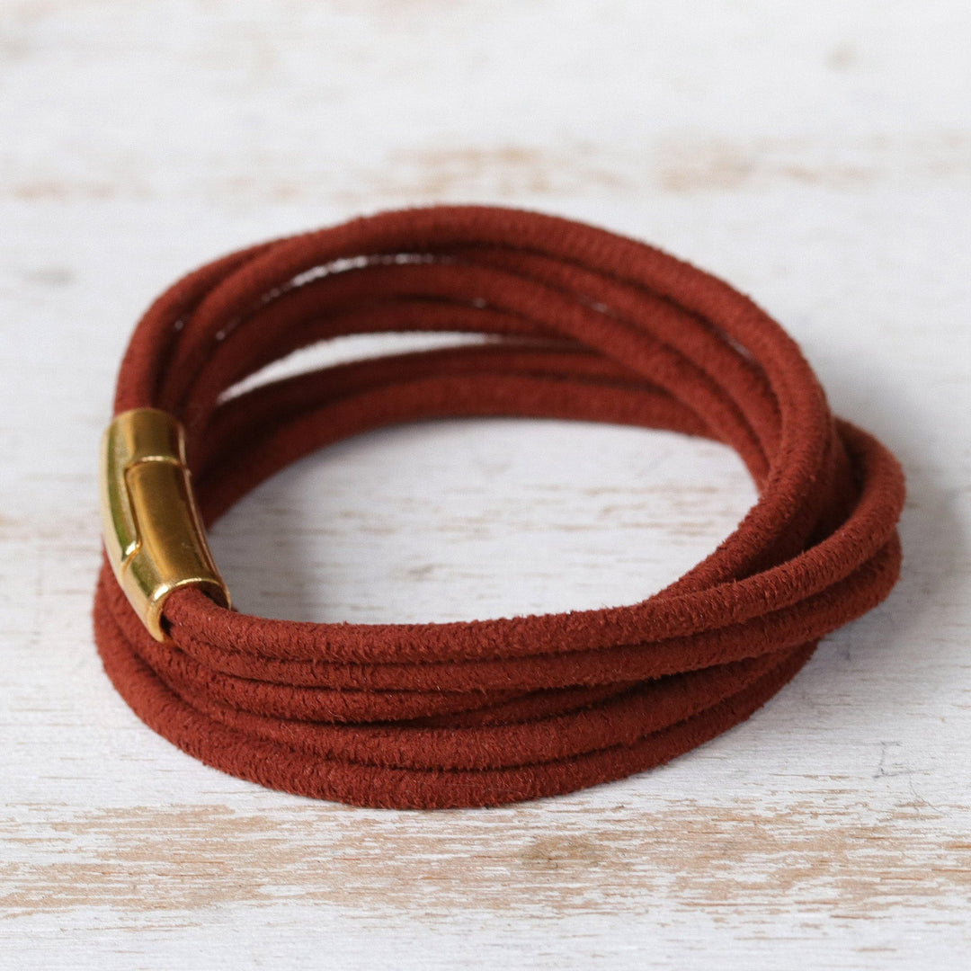 Suede Wrap Bracelet with 18k Gold-Plated Clasp Closure - Russet Chic