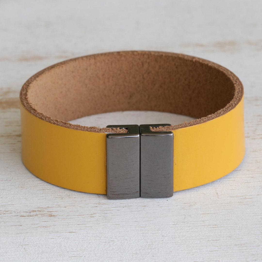 Modern Honey Leather Wristband Bracelet with Magnetic Clasp - Honey Sophistication
