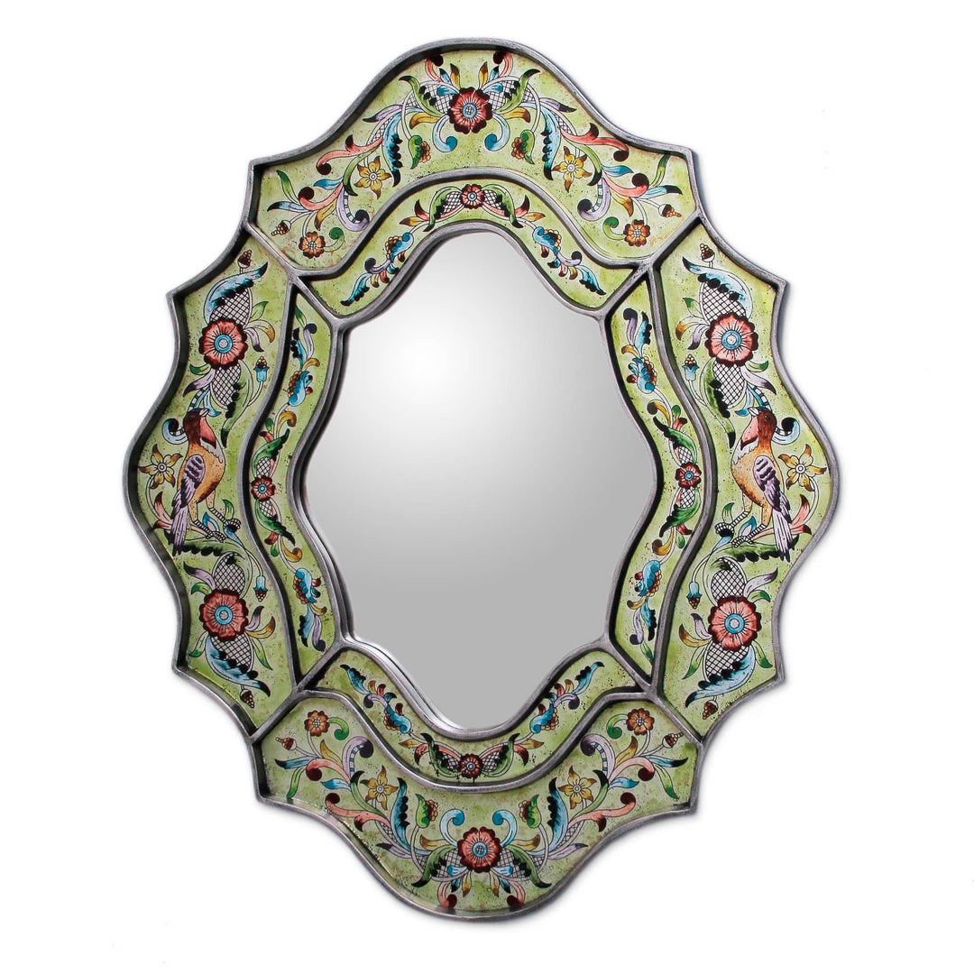 Reverse-Painted Glass Wall Mirror - Verdant Spring