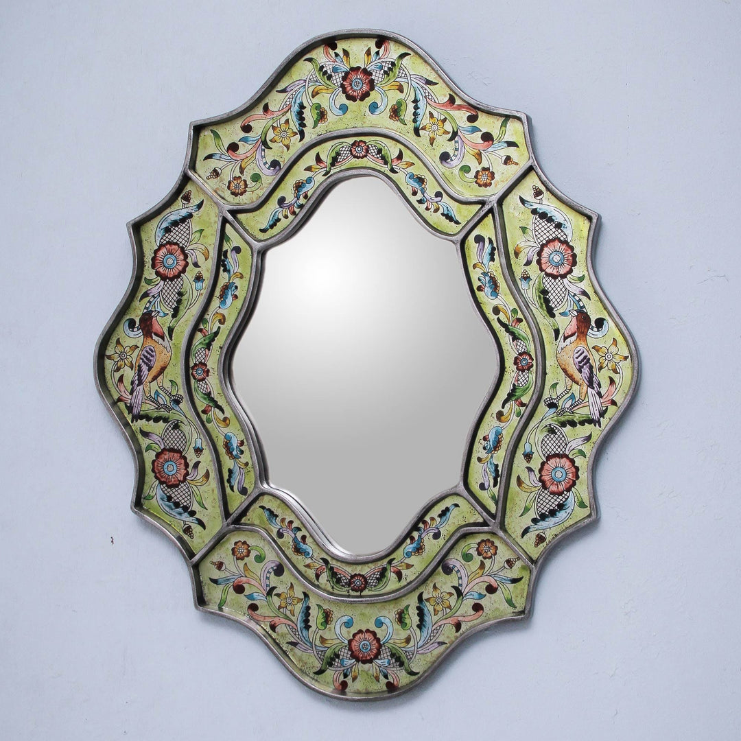 Reverse-Painted Glass Wall Mirror - Verdant Spring