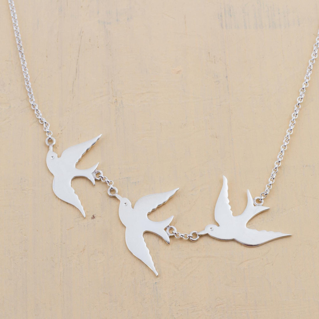 Sterling Silver Pendant Necklace with 3 Birds - Three Doves
