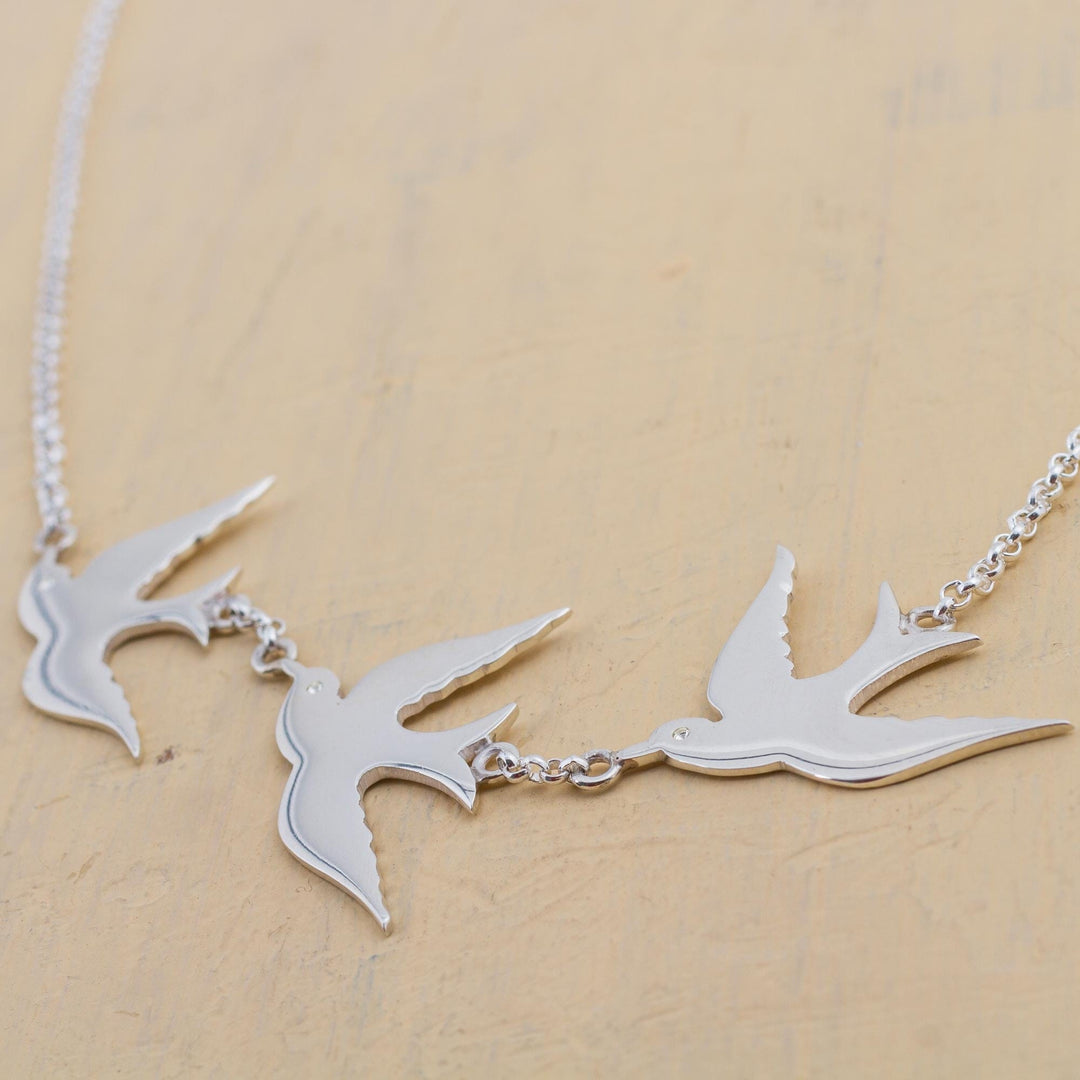 Sterling Silver Pendant Necklace with 3 Birds - Three Doves