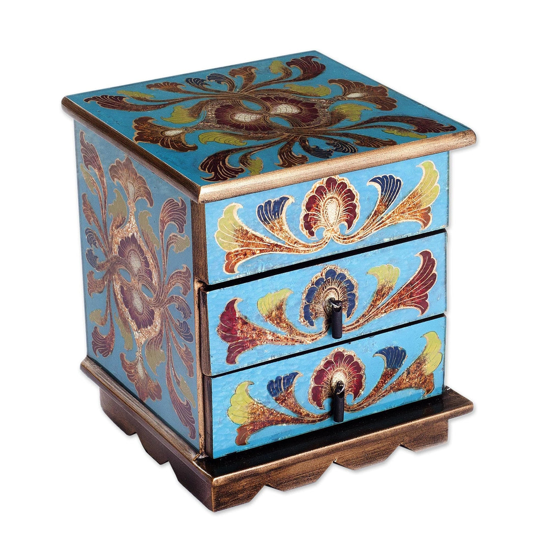 Reverse-Painted Glass Decorative Chest - Joyous Blue Enchantment
