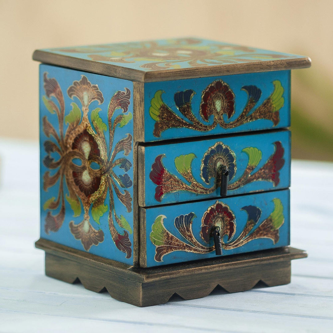 Reverse-Painted Glass Decorative Chest - Joyous Blue Enchantment