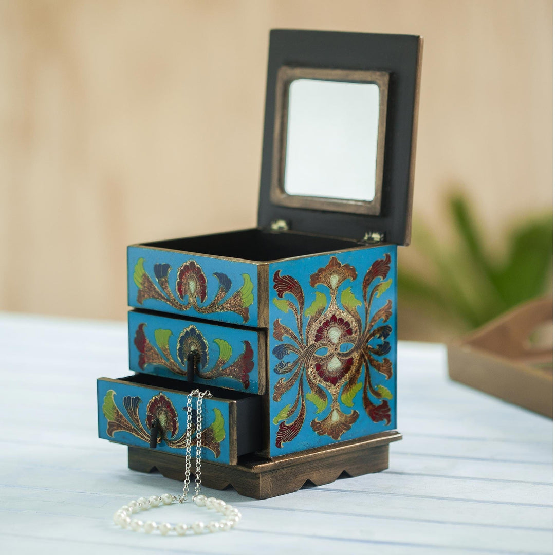 Reverse-Painted Glass Decorative Chest - Joyous Blue Enchantment