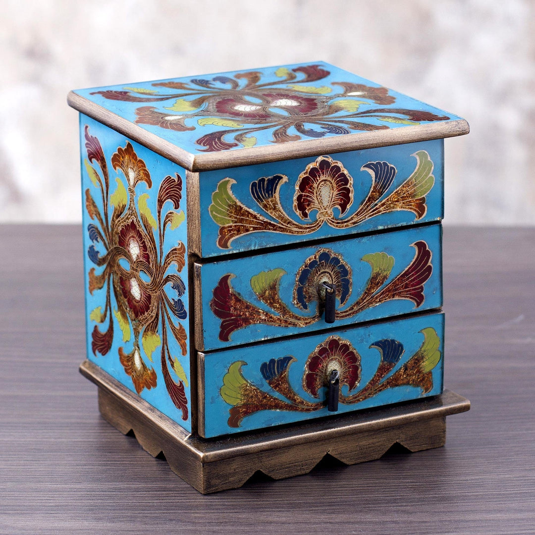 Reverse-Painted Glass Decorative Chest - Joyous Blue Enchantment