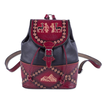 Handcrafted Crimson and Black Leather Backpack - Ancient Elegance
