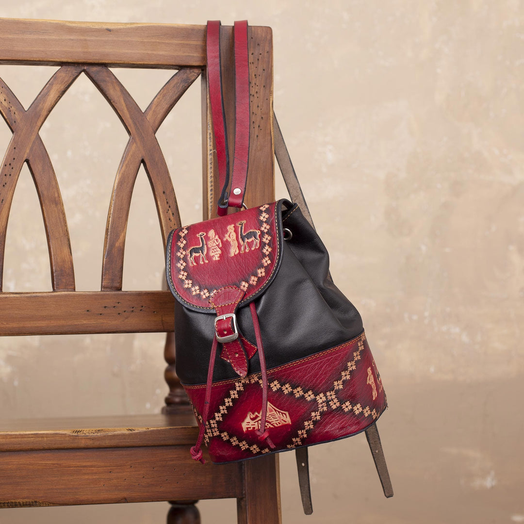 Handcrafted Crimson and Black Leather Backpack - Ancient Elegance