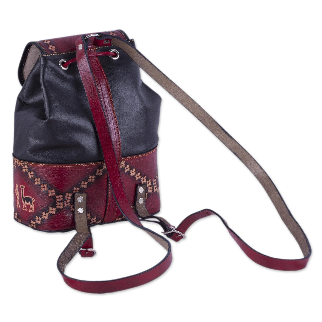 Handcrafted Crimson and Black Leather Backpack - Ancient Elegance