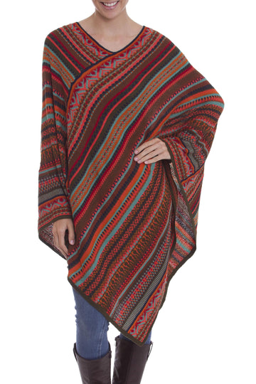 Acrylic Knit Poncho - Rivers of Red