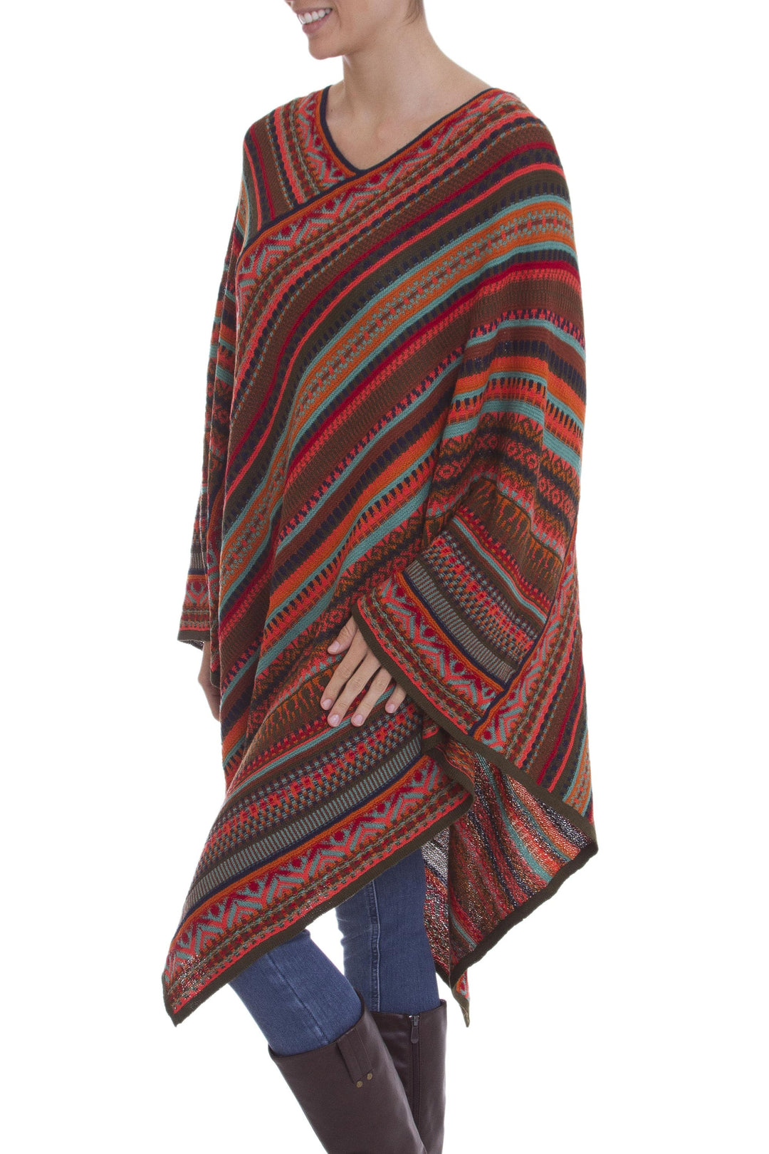 Acrylic Knit Poncho - Rivers of Red