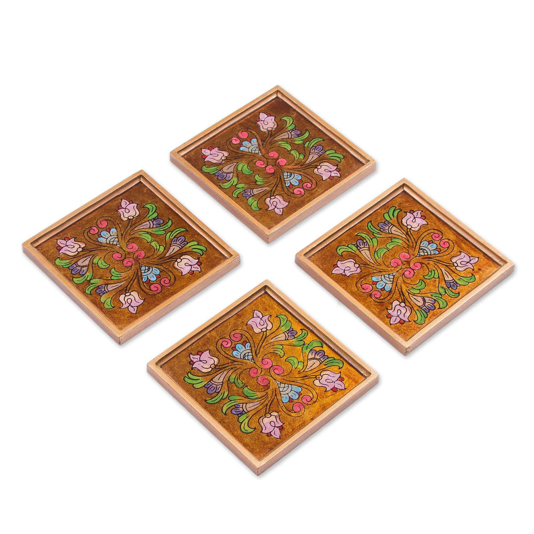Reverse-Painted Glass Floral Coasters - Set of 4 - Floral Gold