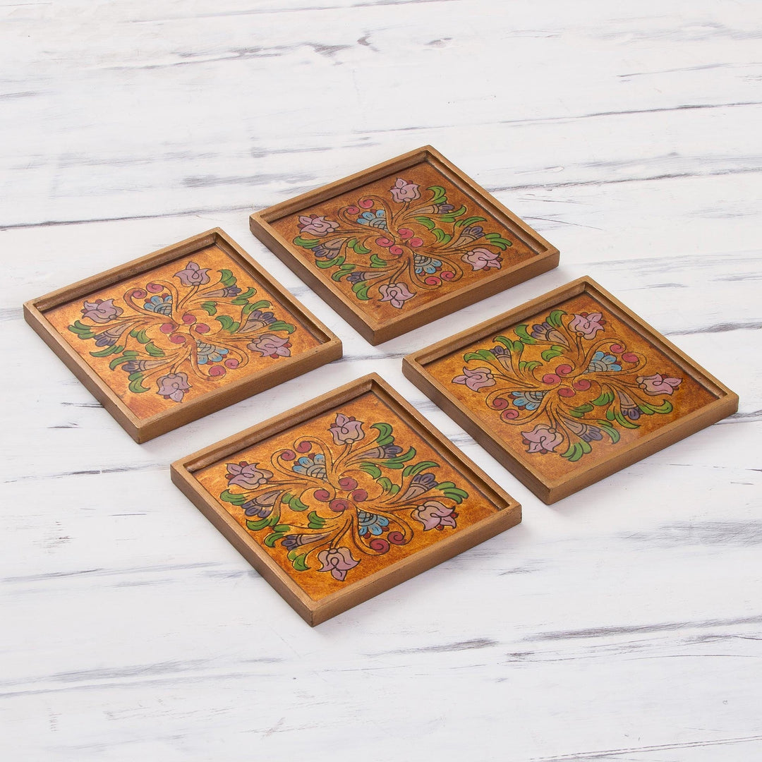 Reverse-Painted Glass Floral Coasters - Set of 4 - Floral Gold