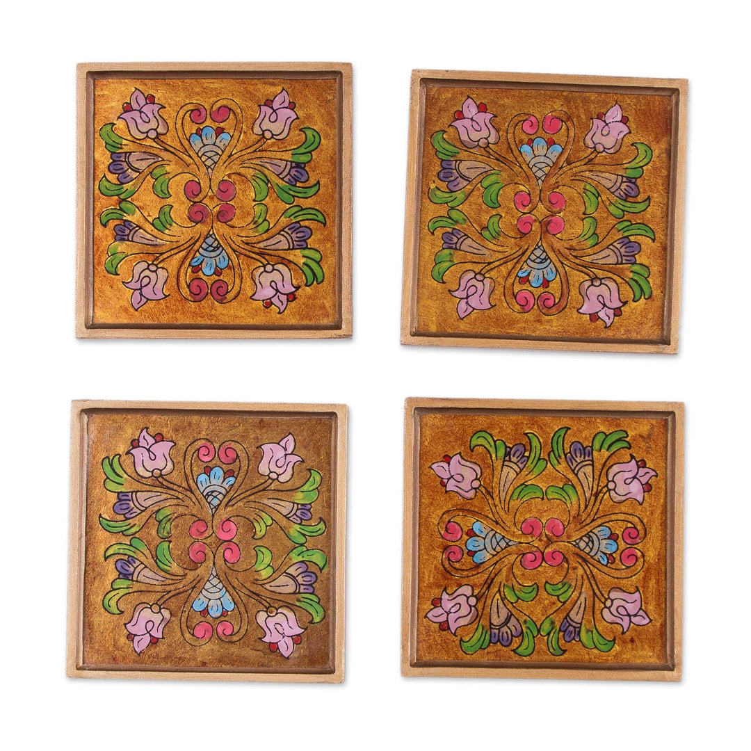 Reverse-Painted Glass Floral Coasters - Set of 4 - Floral Gold