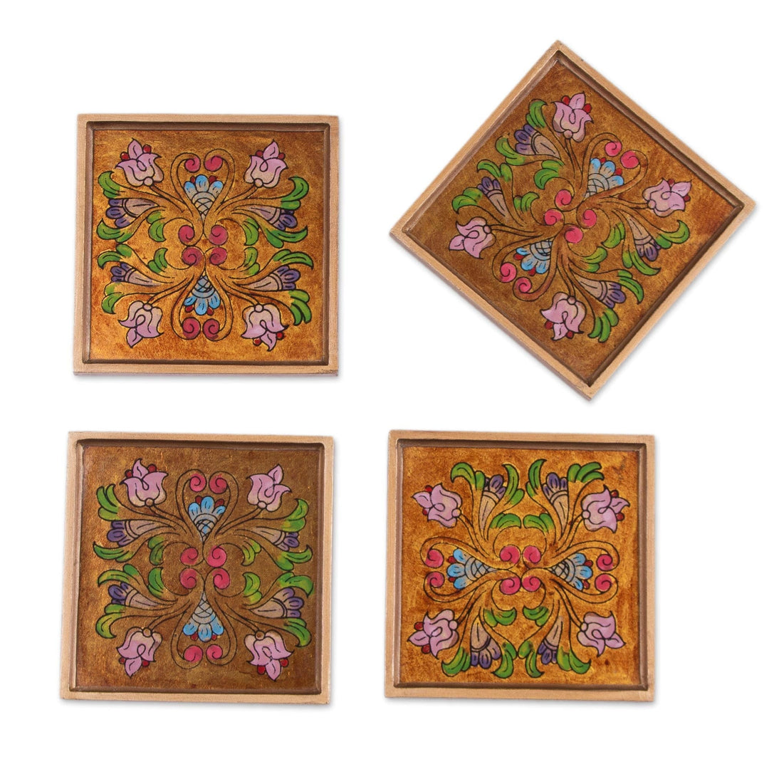 Reverse-Painted Glass Floral Coasters - Set of 4 - Floral Gold