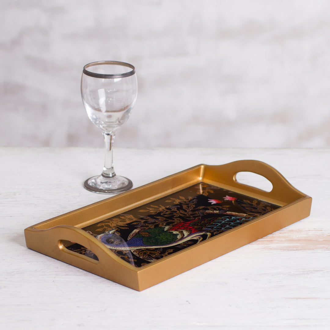 Reverse-Painted Glass Tray - Peacock Presentation