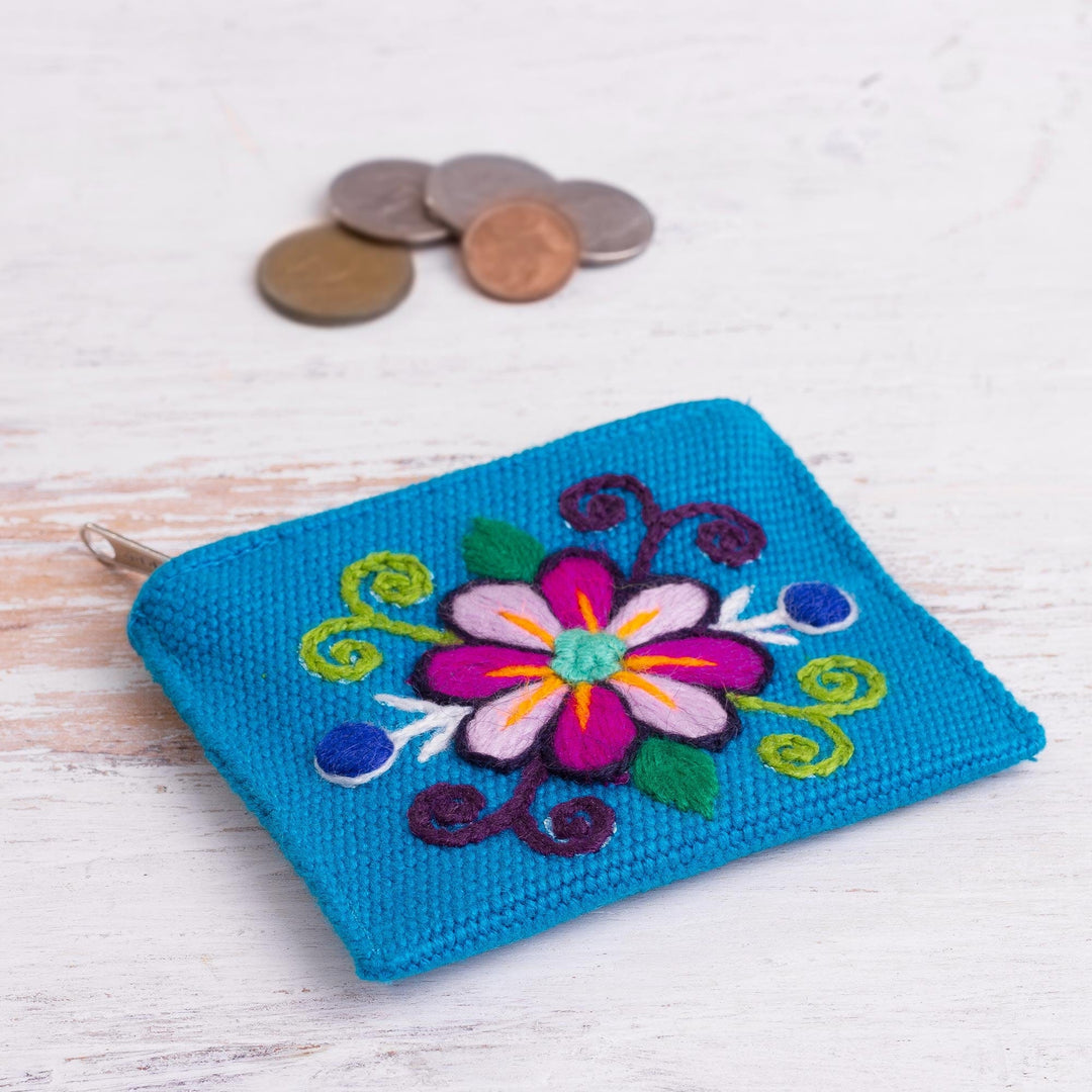 Embroidered Alpaca Blend Coin Purse - Floral Keeper in Turquoise