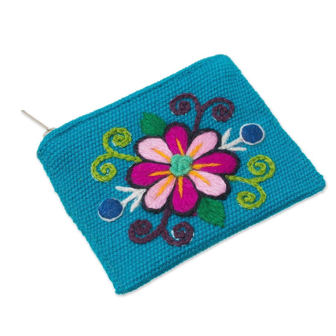 Embroidered Alpaca Blend Coin Purse - Floral Keeper in Turquoise