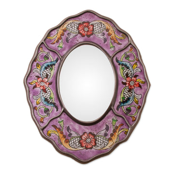 Reverse-Painted Glass Wall Mirror - Purple Colonial Wreath