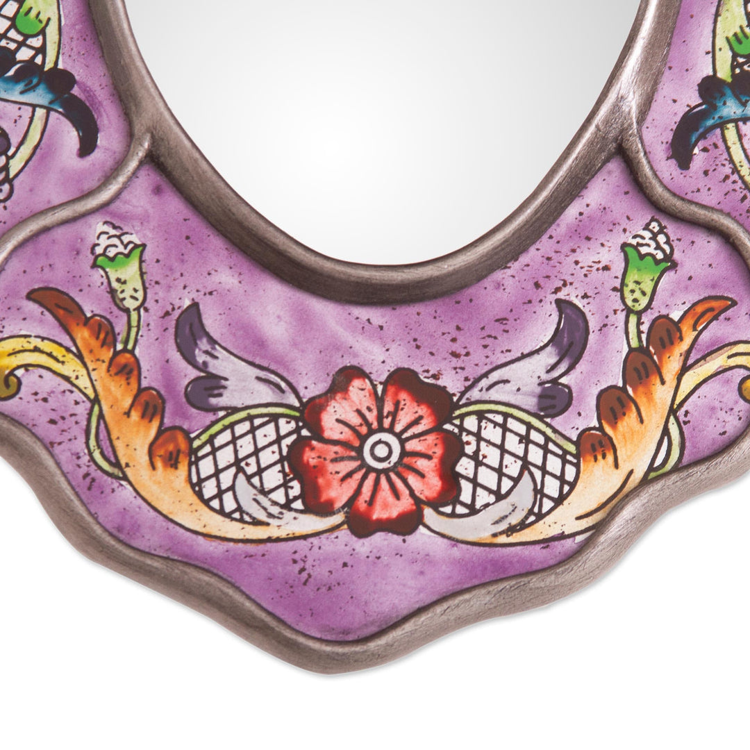 Reverse-Painted Glass Wall Mirror - Purple Colonial Wreath