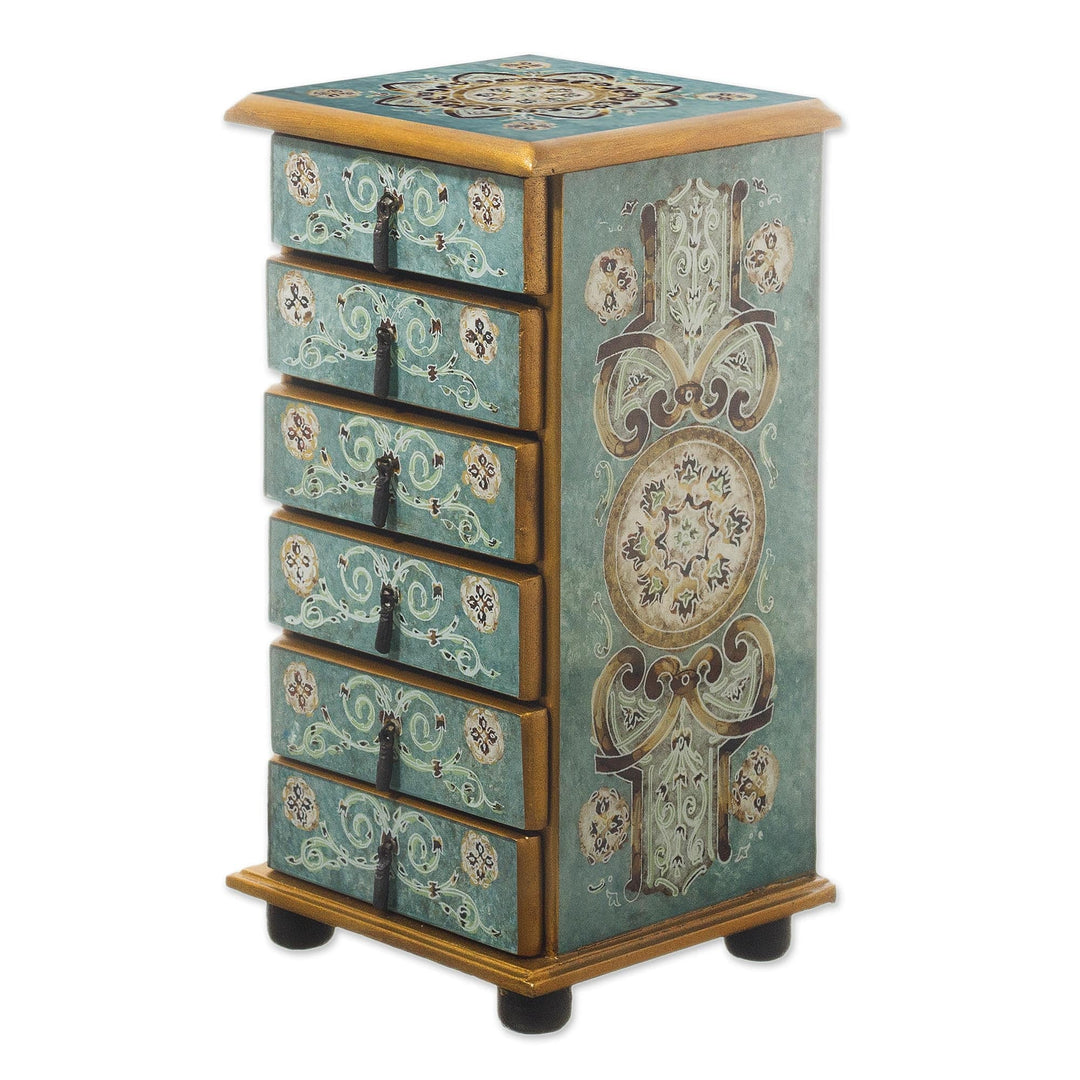 Reverse-Painted Glass Jewelry Chest - Turquoise Colony