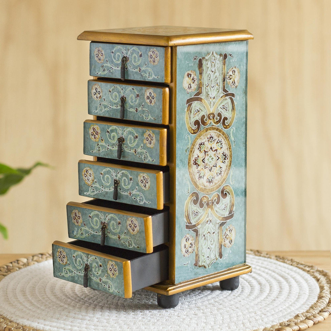 Reverse-Painted Glass Jewelry Chest - Turquoise Colony