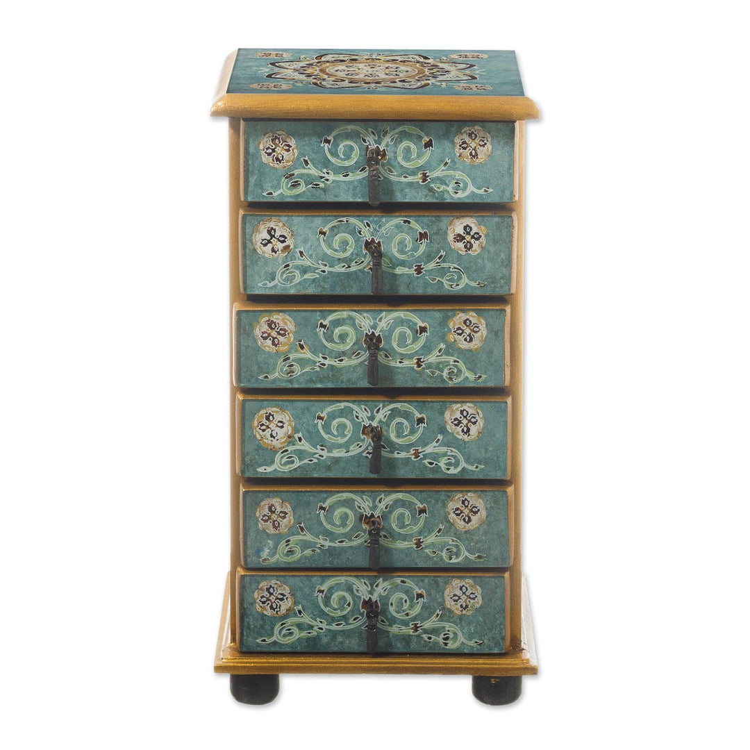 Reverse-Painted Glass Jewelry Chest - Turquoise Colony