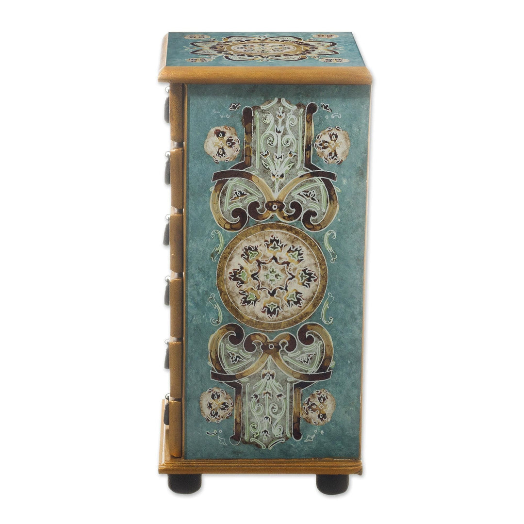 Reverse-Painted Glass Jewelry Chest - Turquoise Colony