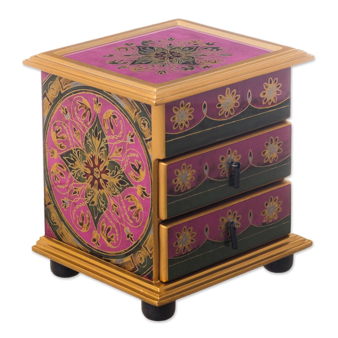 Reverse-Painted Glass Jewelry Chest - Vintage Floral in Magenta