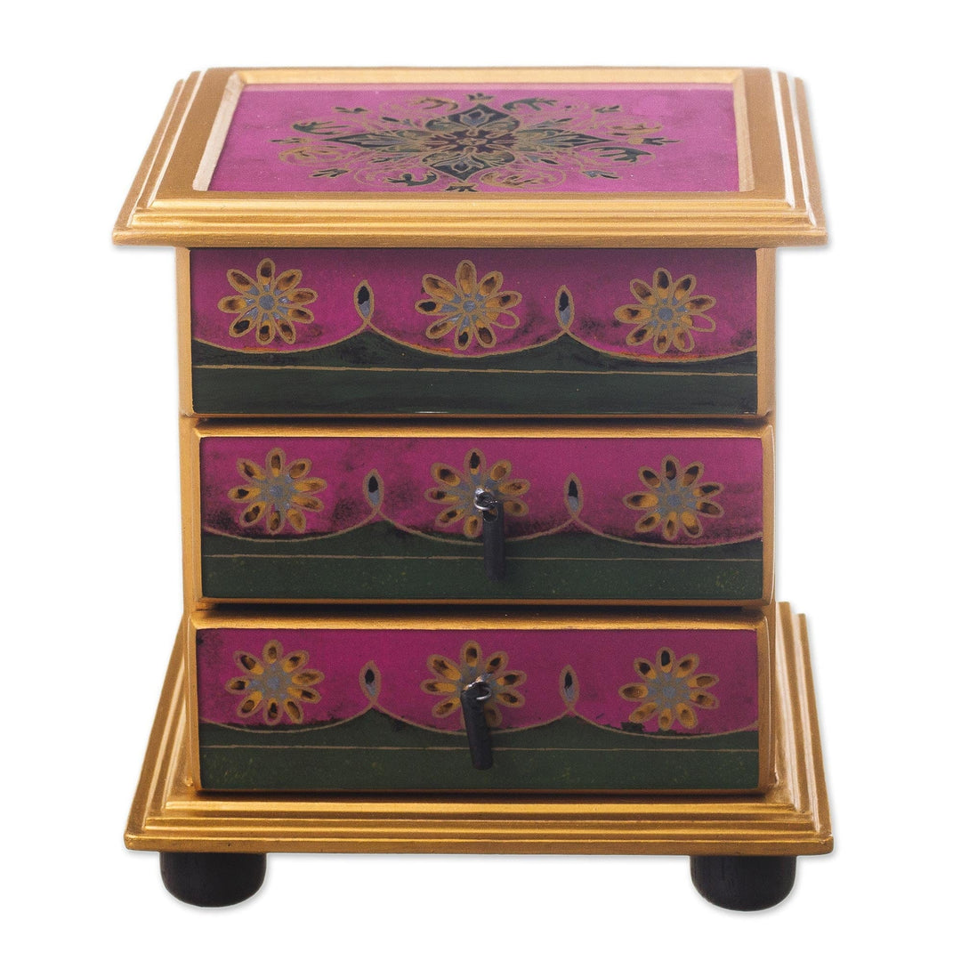 Reverse-Painted Glass Jewelry Chest - Vintage Floral in Magenta