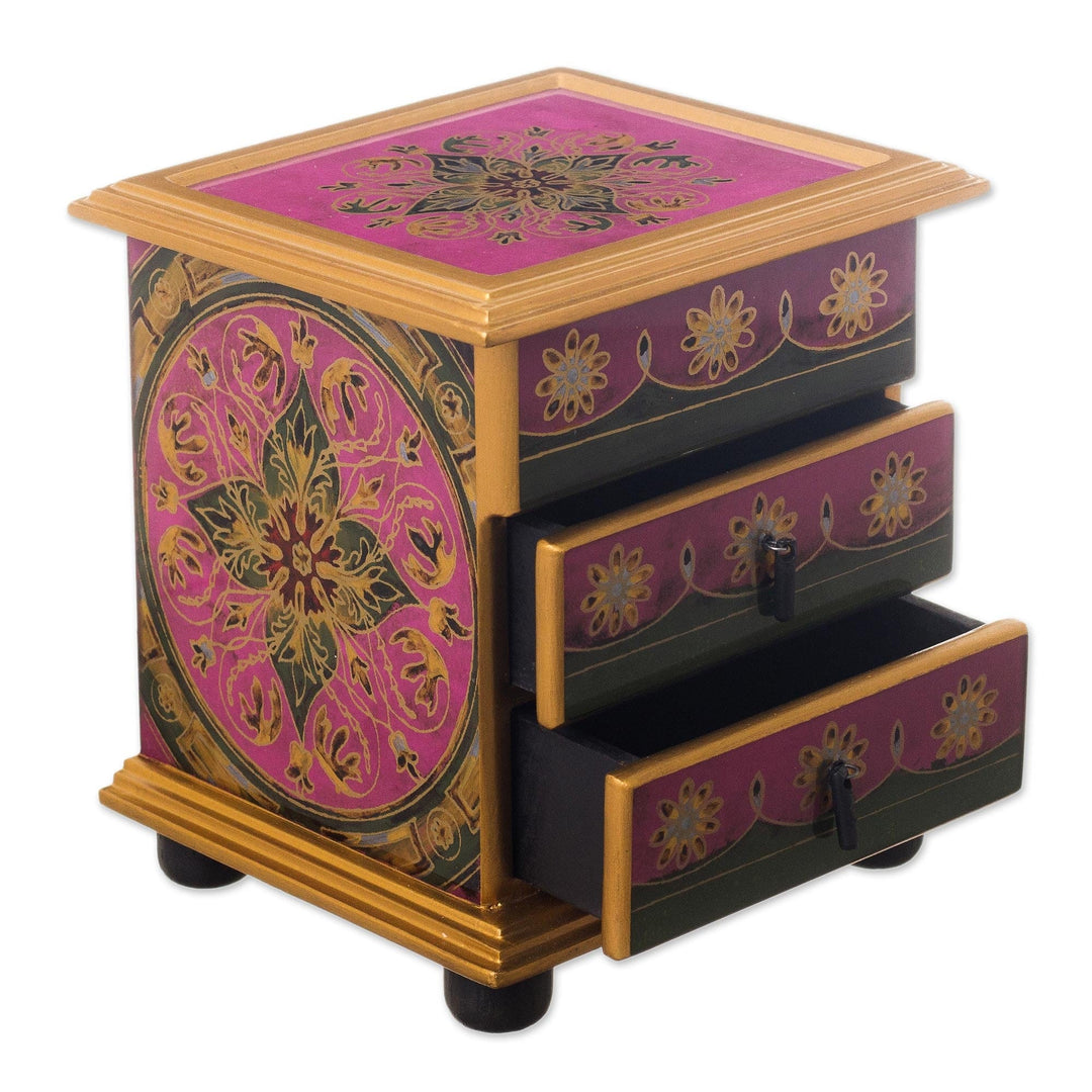 Reverse-Painted Glass Jewelry Chest - Vintage Floral in Magenta