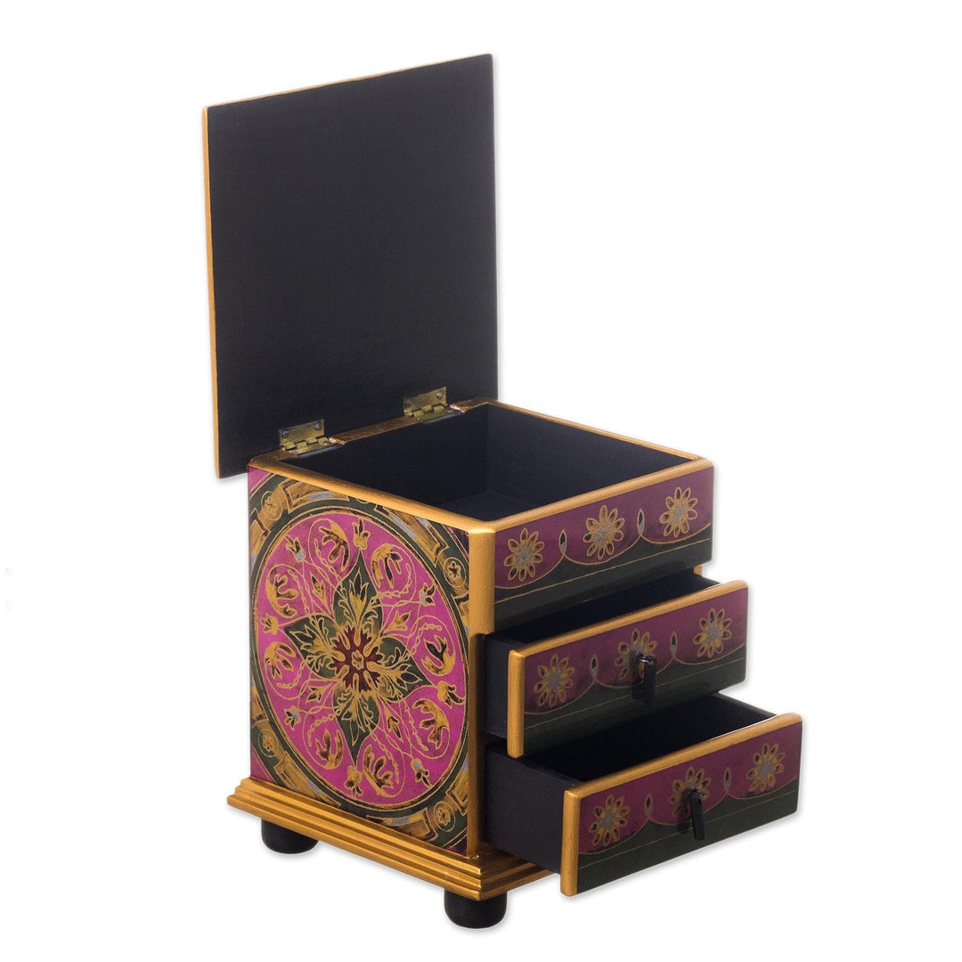 Reverse-Painted Glass Jewelry Chest - Vintage Floral in Magenta
