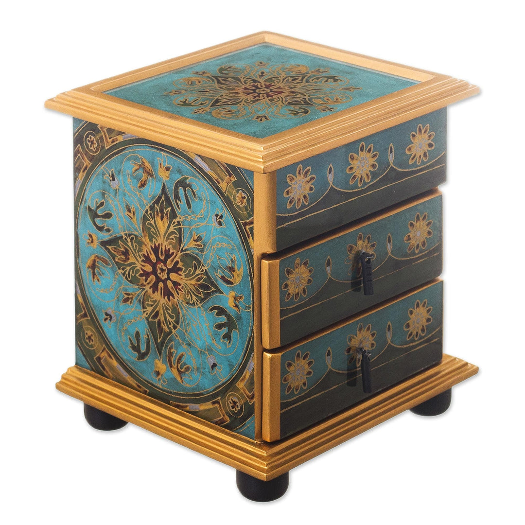 Reverse-Painted Glass Jewelry Chest - Vintage Floral in Turquoise