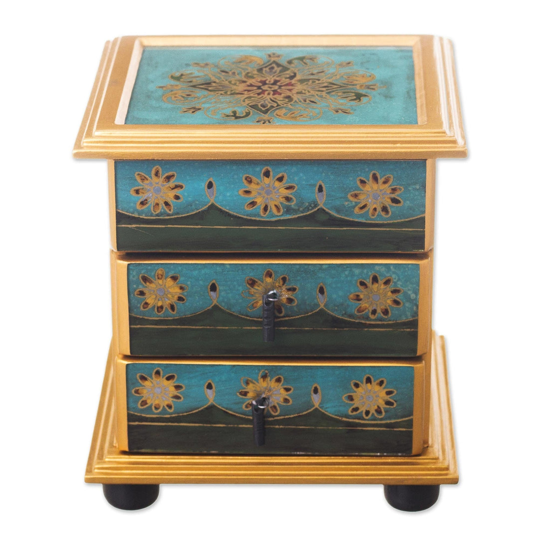 Reverse-Painted Glass Jewelry Chest - Vintage Floral in Turquoise