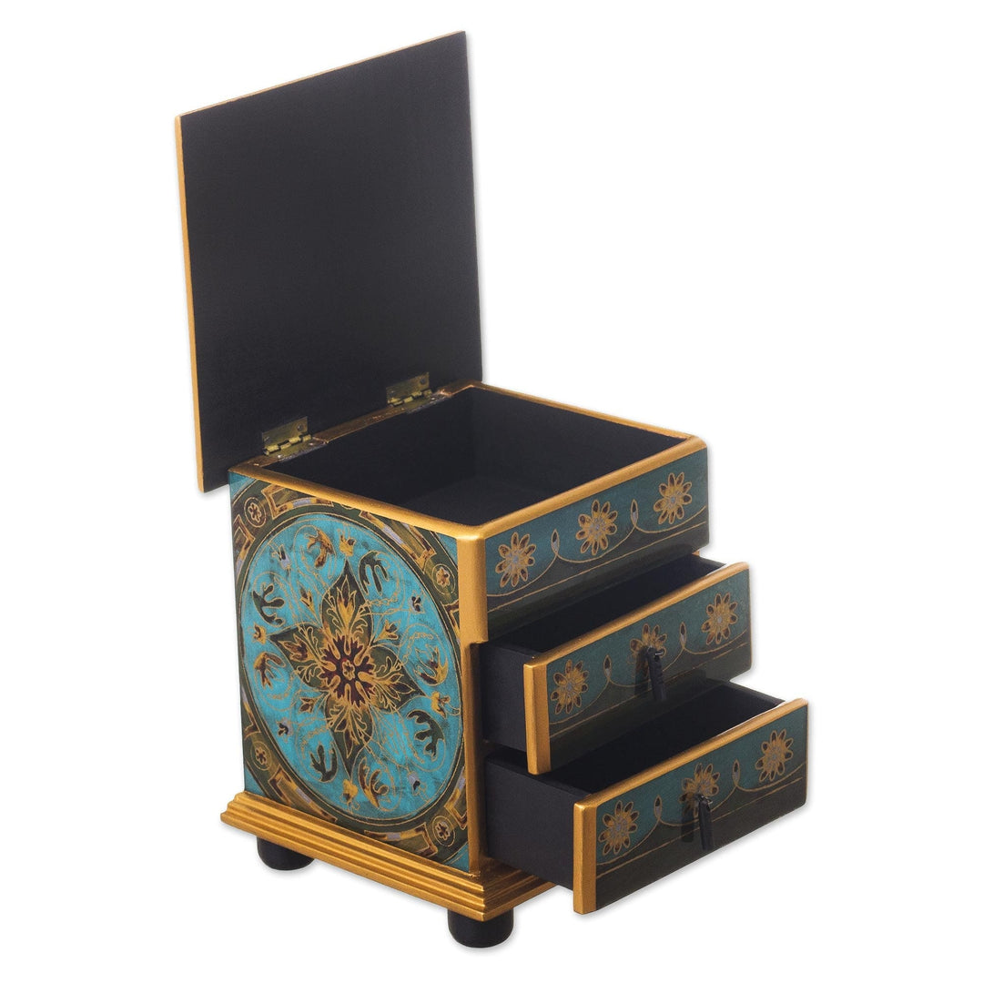 Reverse-Painted Glass Jewelry Chest - Vintage Floral in Turquoise