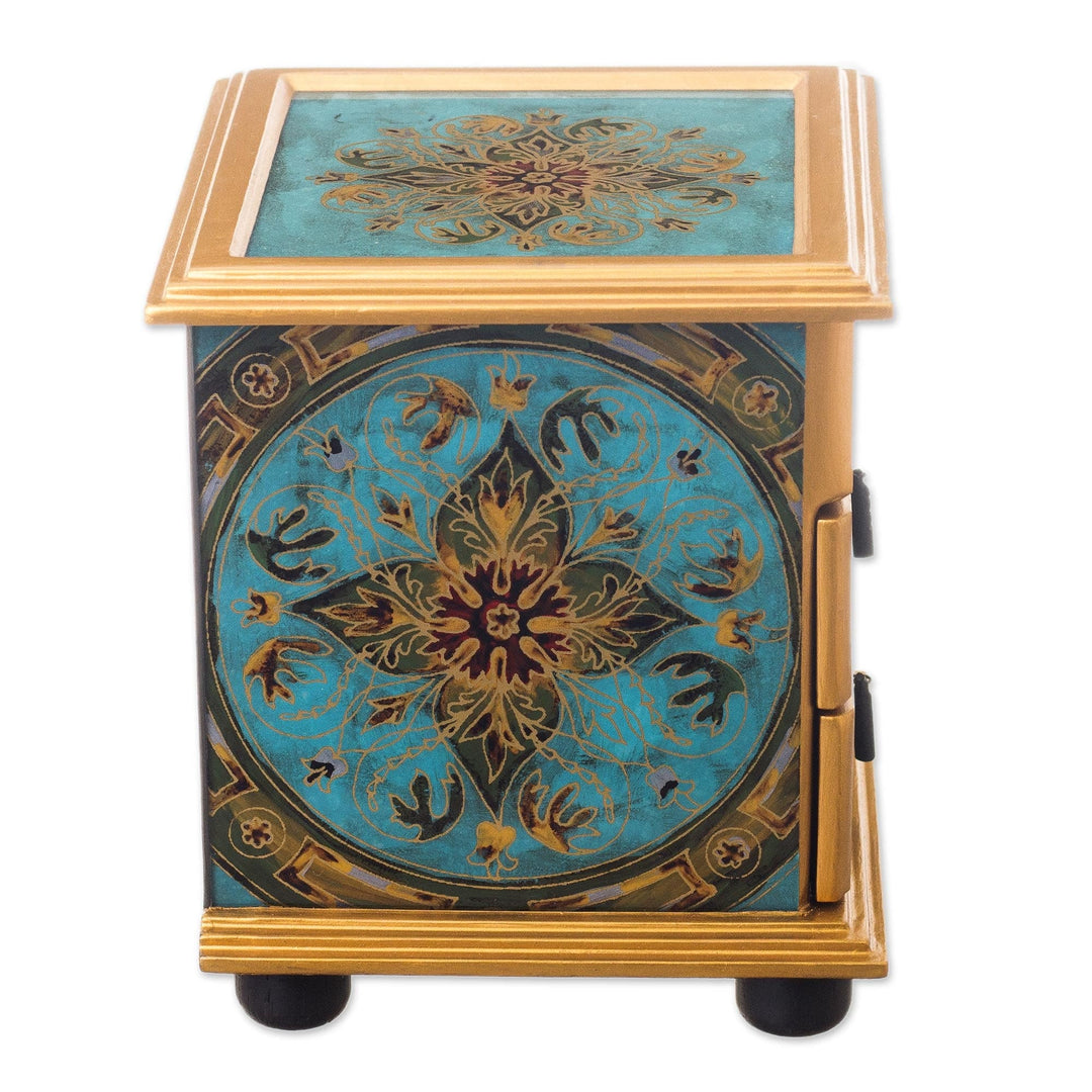 Reverse-Painted Glass Jewelry Chest - Vintage Floral in Turquoise