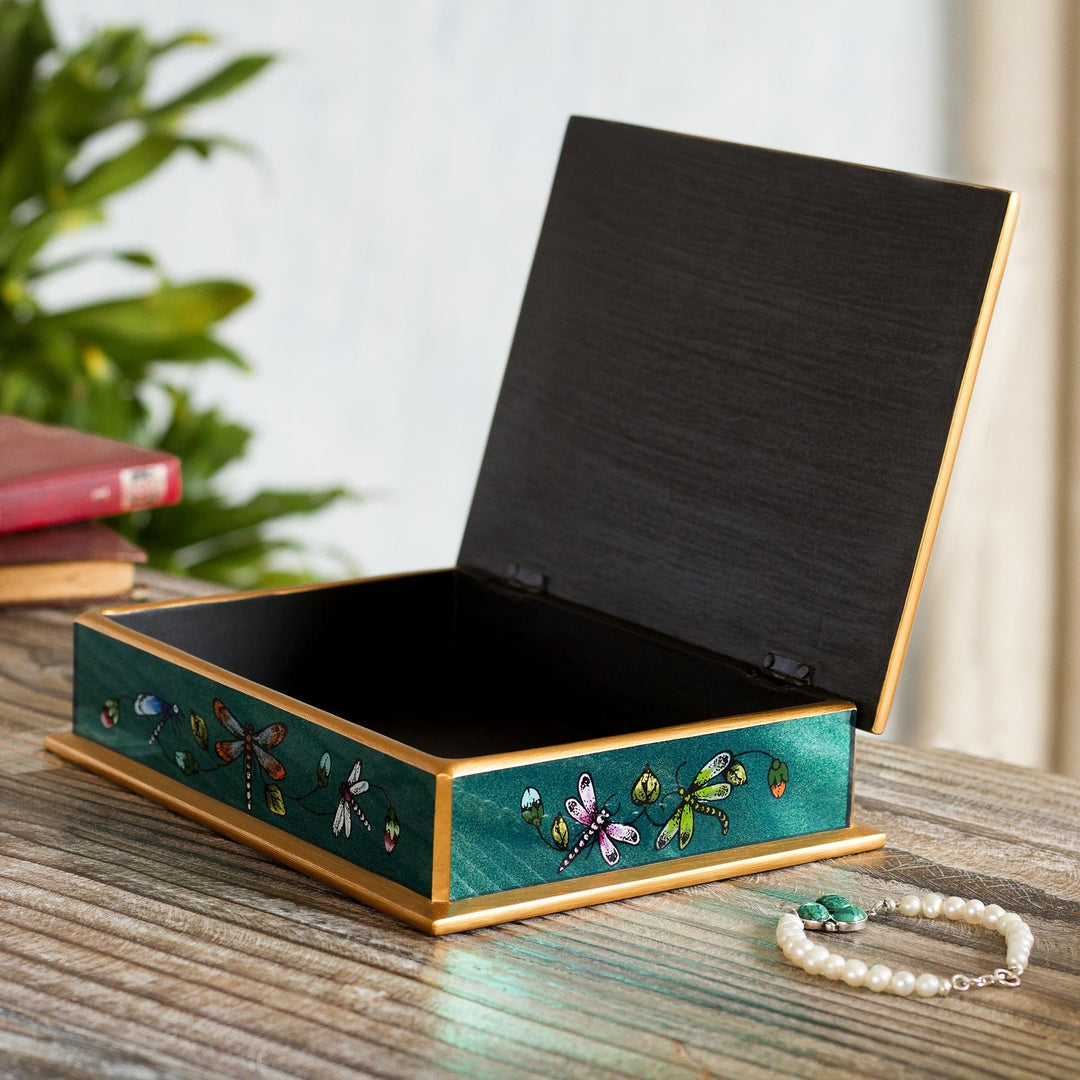 Reverse-Painted Glass Dragonfly Box - Emerald Green Dragonfly Days