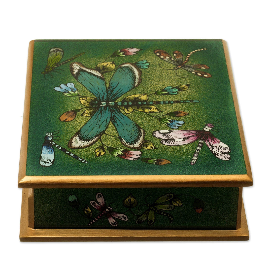 Reverse-Painted Glass Dragonfly Box - Emerald Green Dragonfly Days