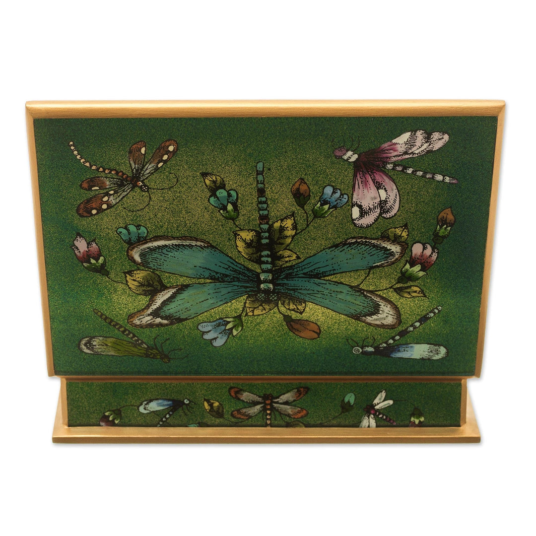 Reverse-Painted Glass Dragonfly Box - Emerald Green Dragonfly Days