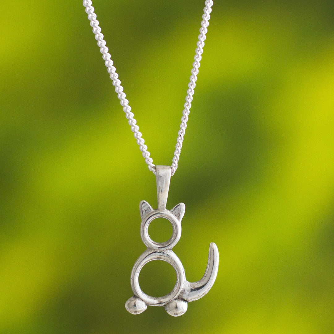 Sterling Silver Minimalist Cat Pendant Necklace - Geometric Cat