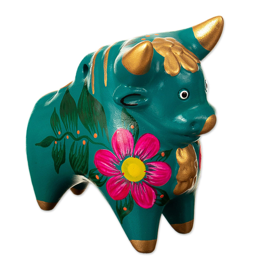 Small Handpainted Ceramic Bull Figurine - Red