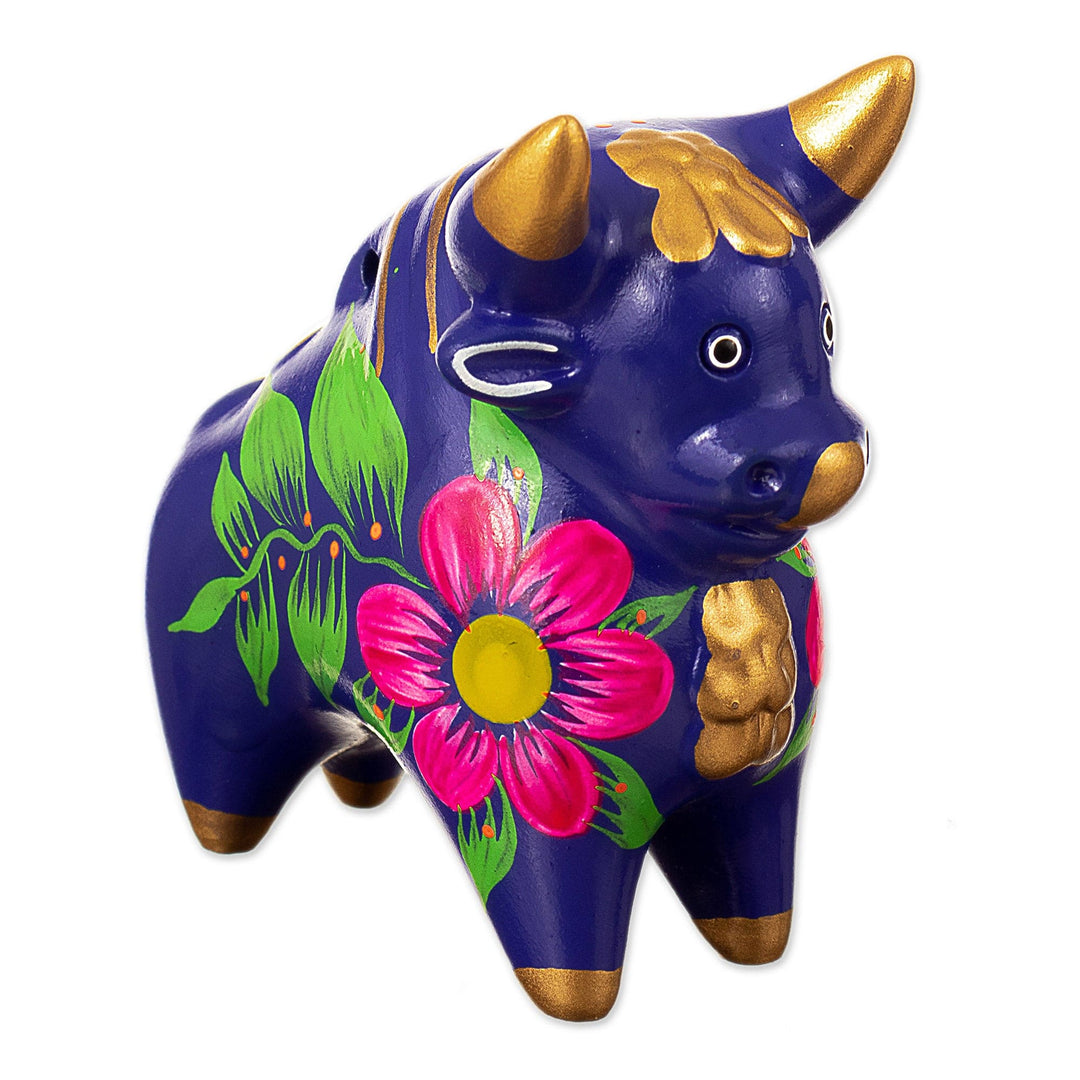 Small Handpainted Ceramic Bull Figurine - Blue